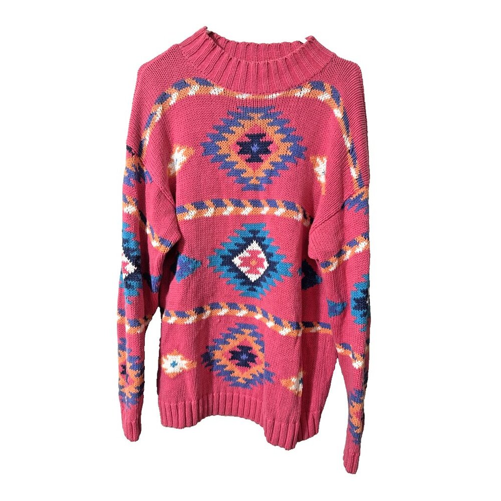 Bonne A Natural Choice Pink Aztec Geometric Pattern Cotton Sweater Size Large